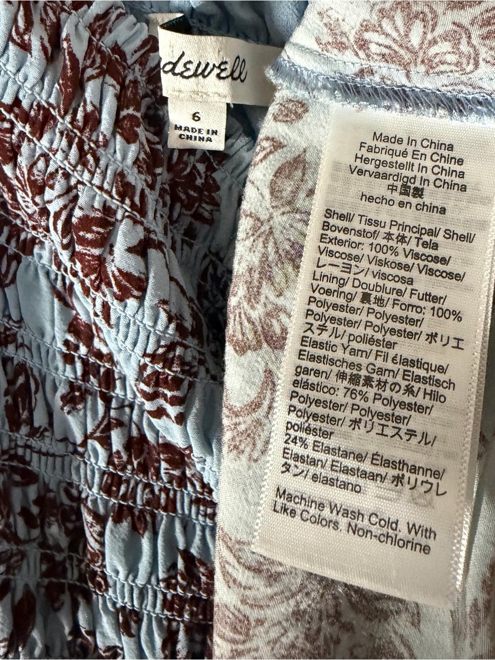 MADEWELL Smocked Puff-Sleeve Midi Dress Blue Brown Floral 6 - Picture 10 of 10